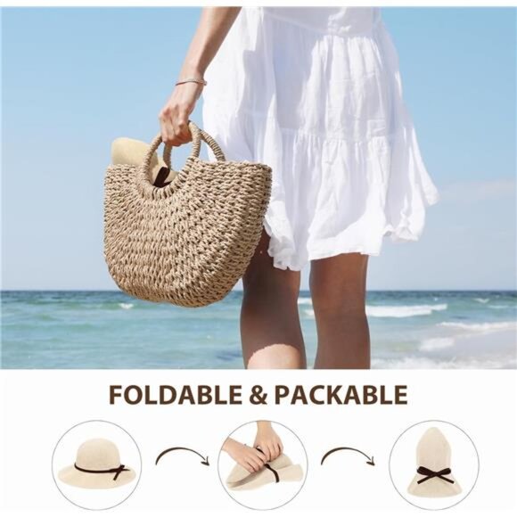 Women\'s Summer Sun Hats Wide Brim Beach Hat UPF 50+, Beige
